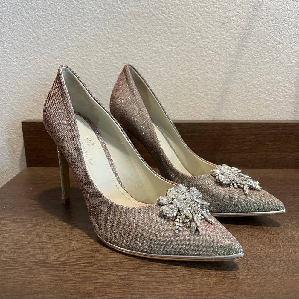 Bruno Magli Iridescent Silver Red Green Jewel Embellished‎ Pointed Toe Pumps 6.5